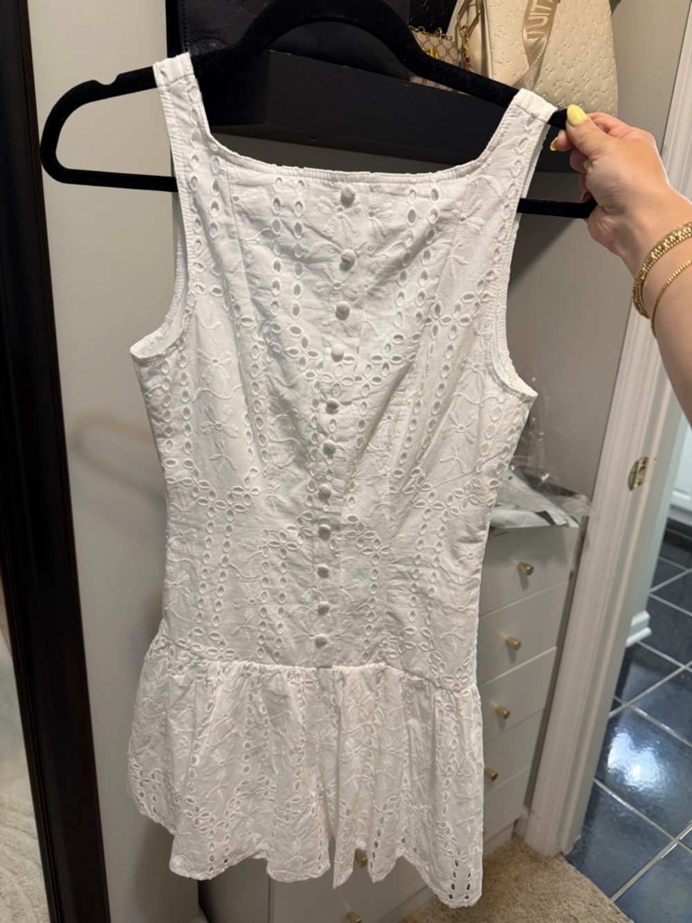 Altar'd State White Eyelet Sleeveless Ruffle-Hem Mini Dress